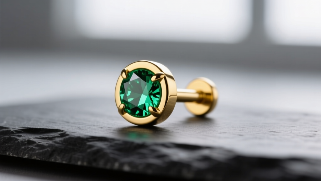 Macro photography of a 14k yellow gold threadless labret stud with a bezel-set emerald resting on a dark slate surface for scale