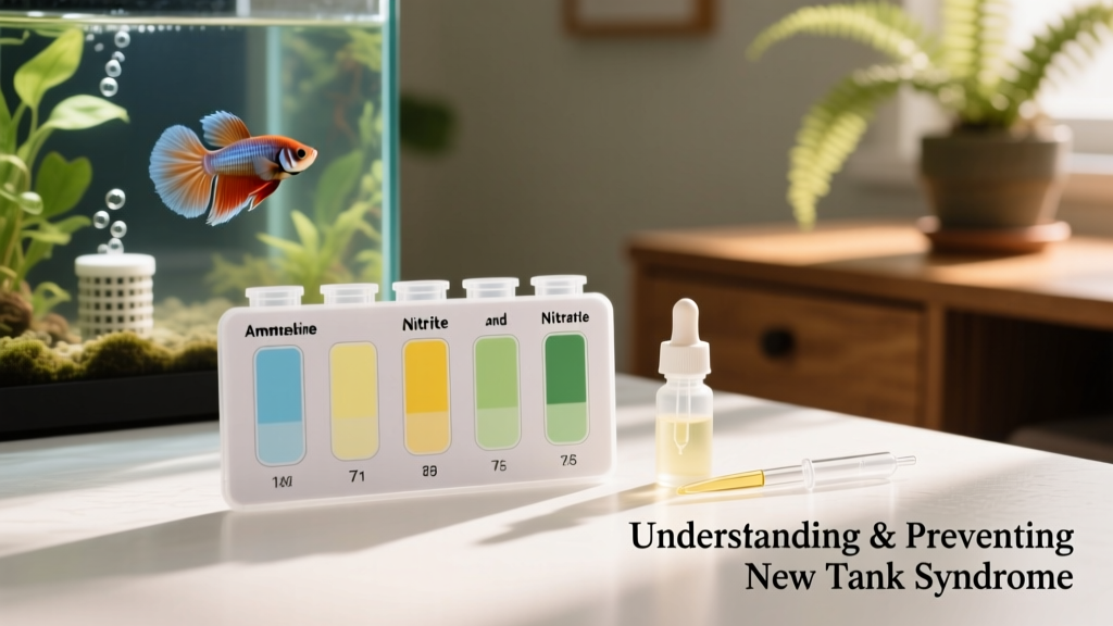 Close-up of an aquarium test kit showing color-matched ammonia, nitrite, and nitrate results on comparison charts