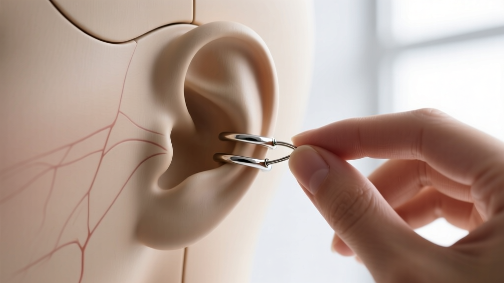 Fingers adjusting the tension wire of a titanium ear cuff on a mannequin ear, showing proper fit along the outer cartilage ridge.