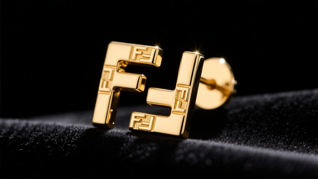 Close-up of a gold-plated Fendi earring with the iconic double-F Zucca motif resting on dark velvet under bright studio lighting.