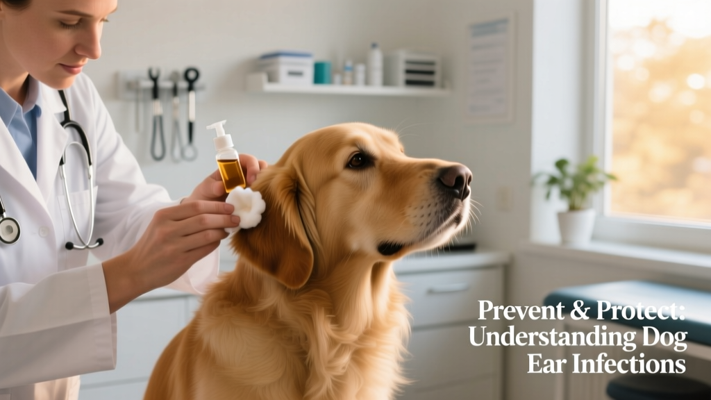 Veterinarian gently cleaning a dog's ear with a cotton ball and vet-approved solution during an office visit