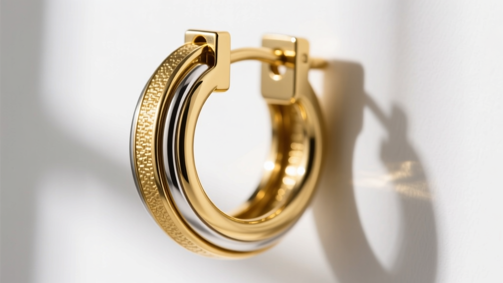 Close-up of a TJG gold vermeil huggie earring hinge mechanism highlighting the plating thickness and a secure click closure