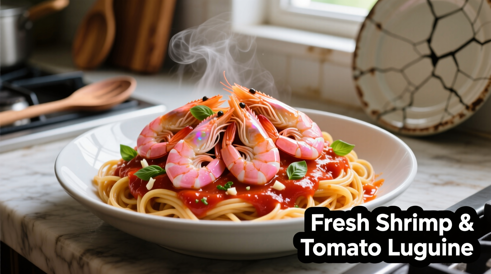 Fresh shrimp with tomato sauce over linguine