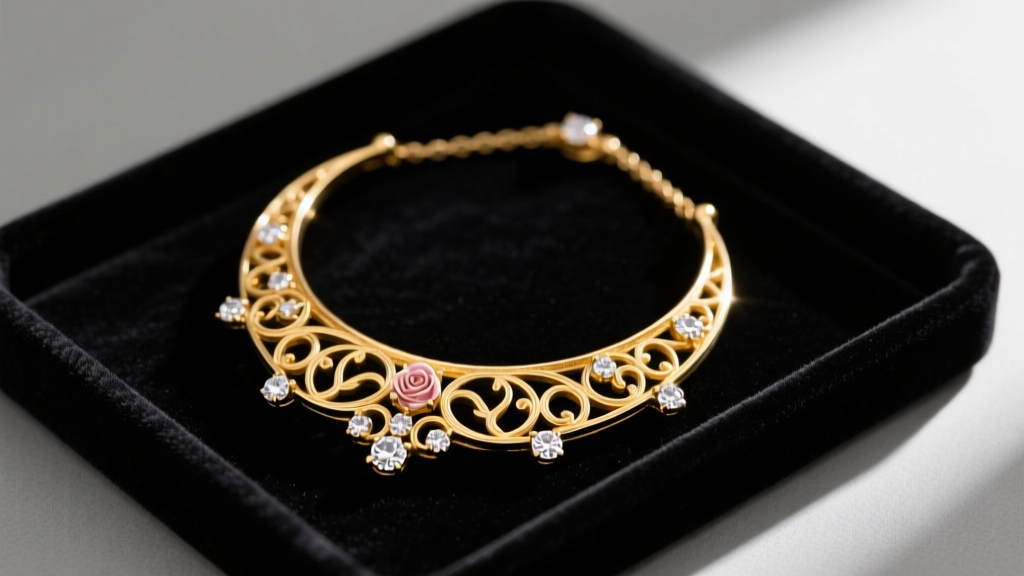 A late Victorian 15k yellow gold vintage crescent moon necklace featuring rose-cut diamonds on a dark velvet display tray.
