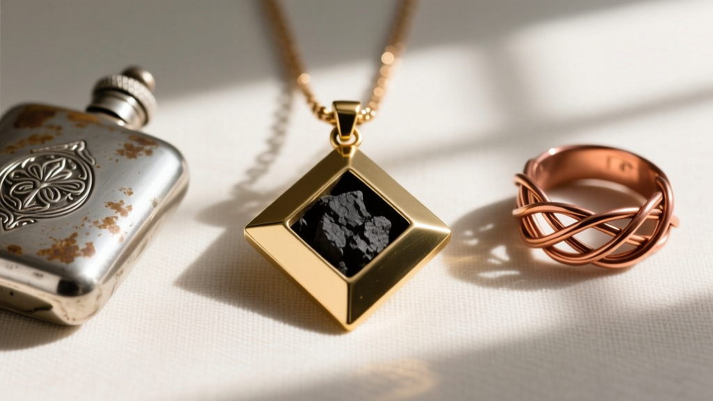 Flat lay photography of three distinct pendants: a geometric brass coal token, an antiqued silver flask, and a wire-wrapped ring