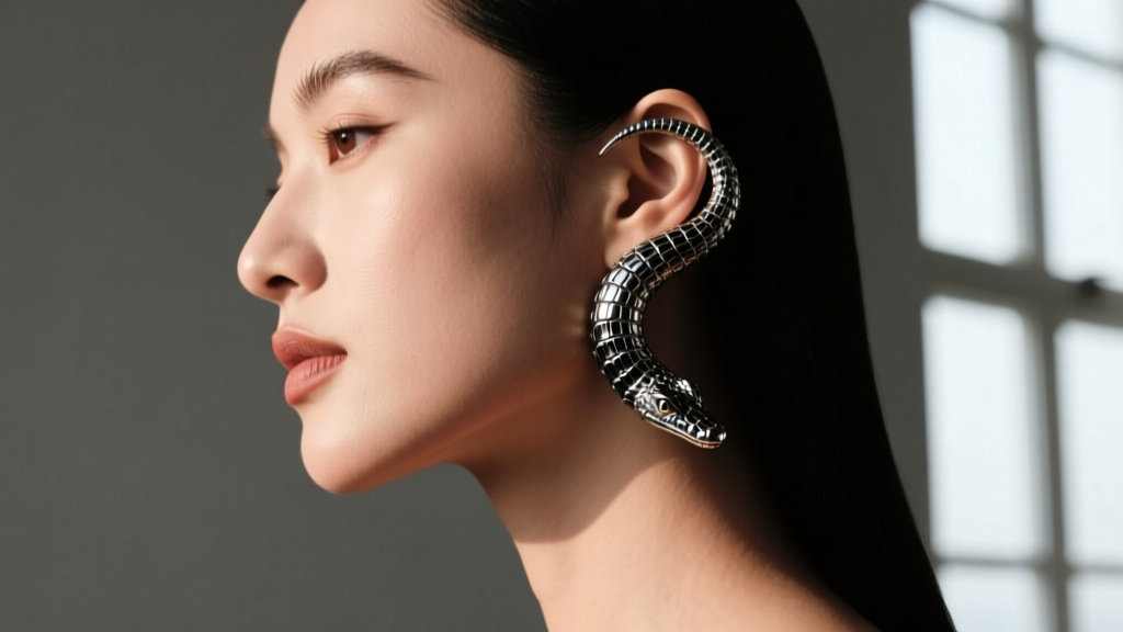 Side profile of a woman wearing an oxidized silver crocodile spine ear cuff wrapping around upper cartilage in moody lighting.