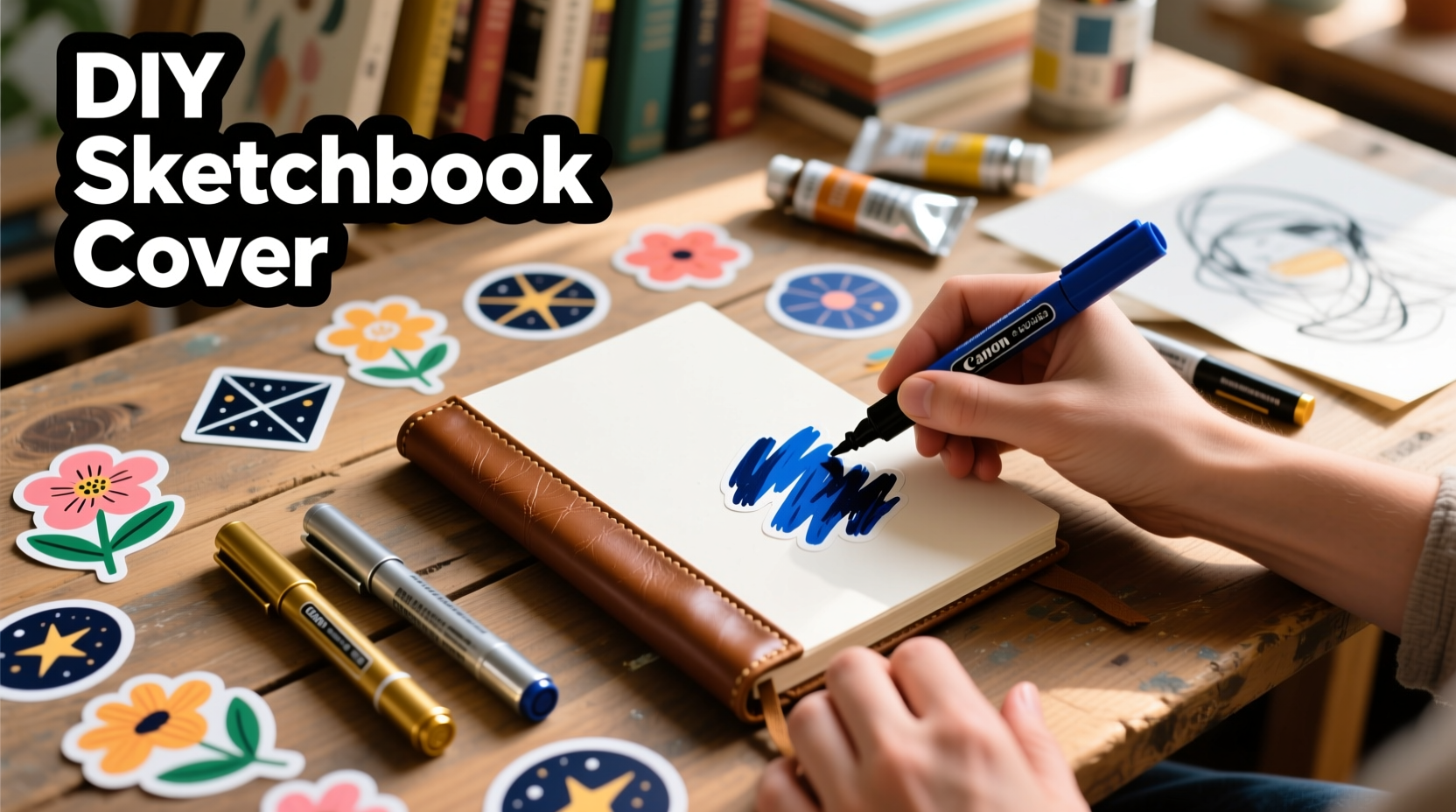 how to personalize a sketchbook cover with waterproof stickers and markers