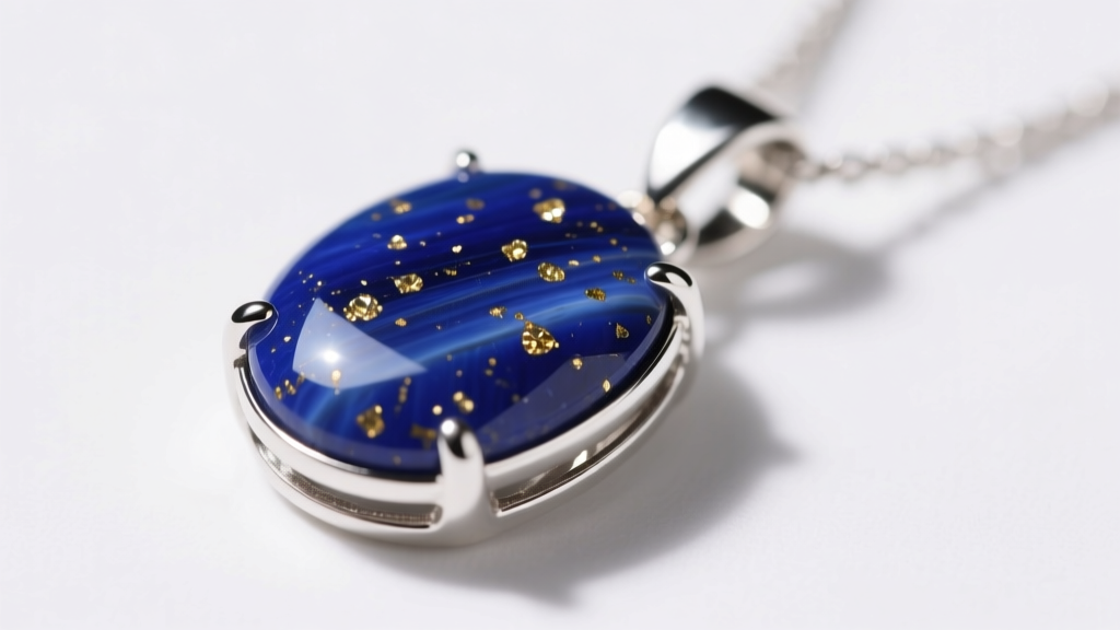 Macro shot of a lapis lazuli pendant necklace showing deep royal blue with golden pyrite flecks in a silver bezel.
