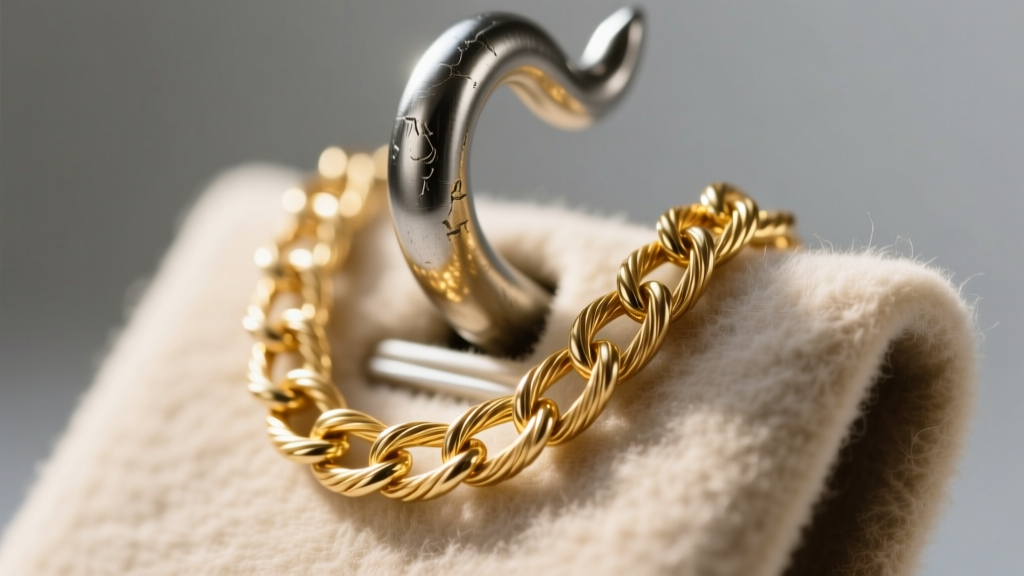 Macro view of a 14k gold cable chain on a felt-lined steel hook, highlighting the secure and scratch-free jewelry storage fit.
