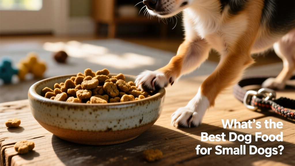 Close-up of small kibble pieces in a ceramic bowl beside a tiny dog’s paw
