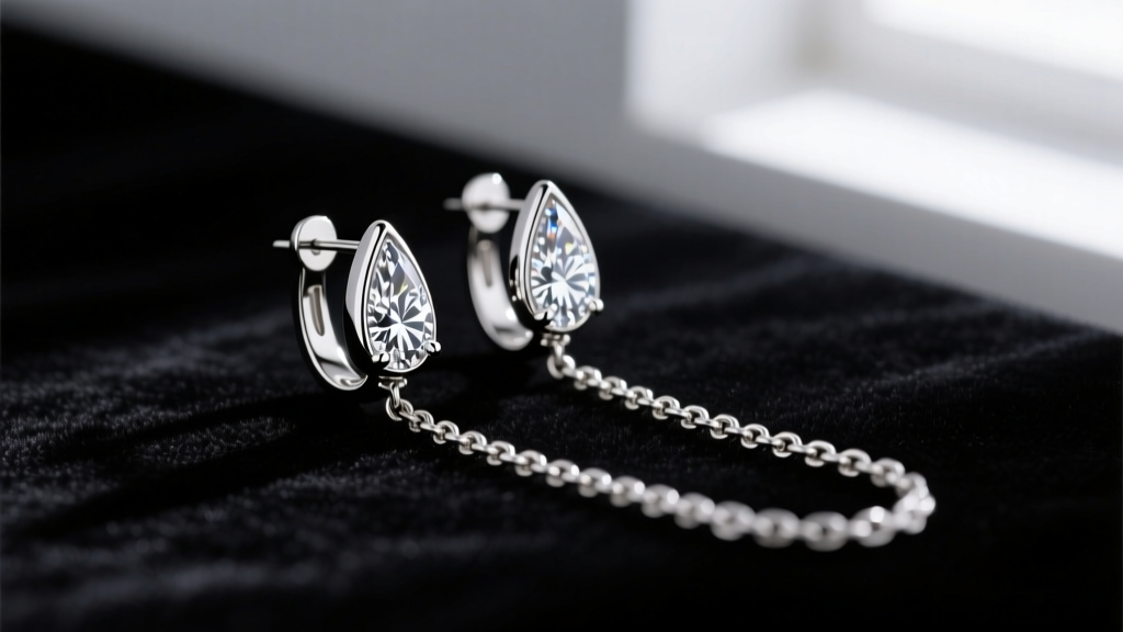 Side view of platinum bezel diamond drop earrings on dark velvet, showing the sleek metal casing and articulated drop chain links.