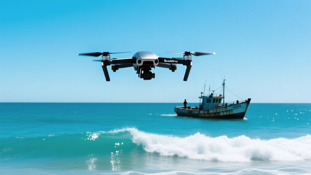 SwellPro SplashDrone 4 hovering just above ocean waves with a fishing boat in the background under clear blue skies