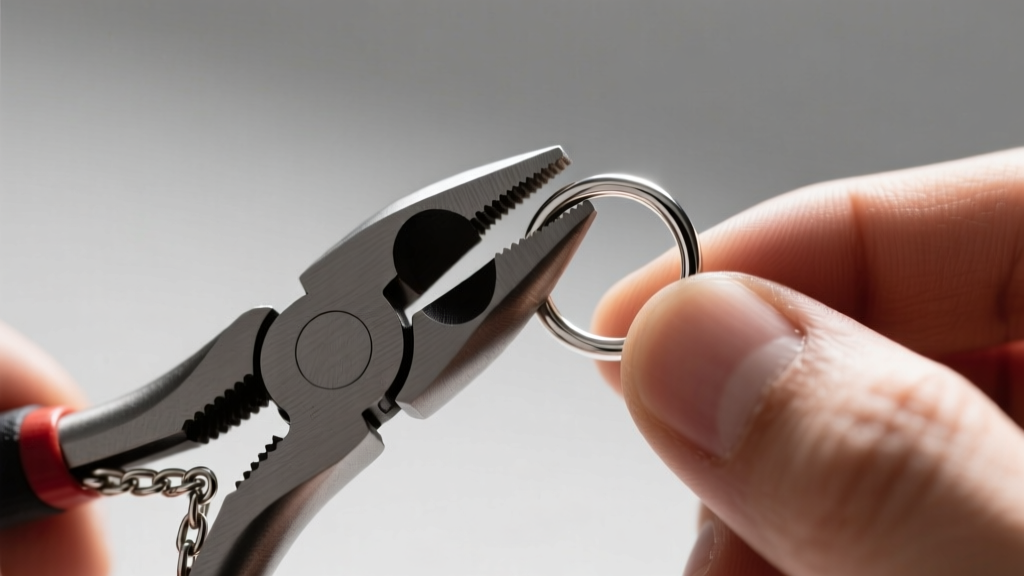 Hand holding matte Tronex chain nose pliers gripping a 20-gauge sterling silver jump ring without marring the metal surface