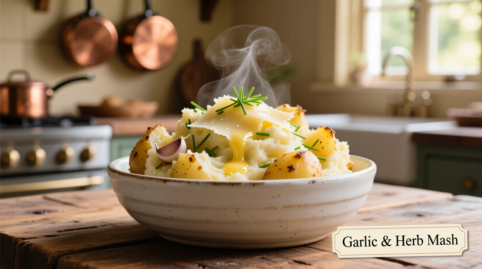 Creamy cheesy garlic mashed potatoes in white bowl