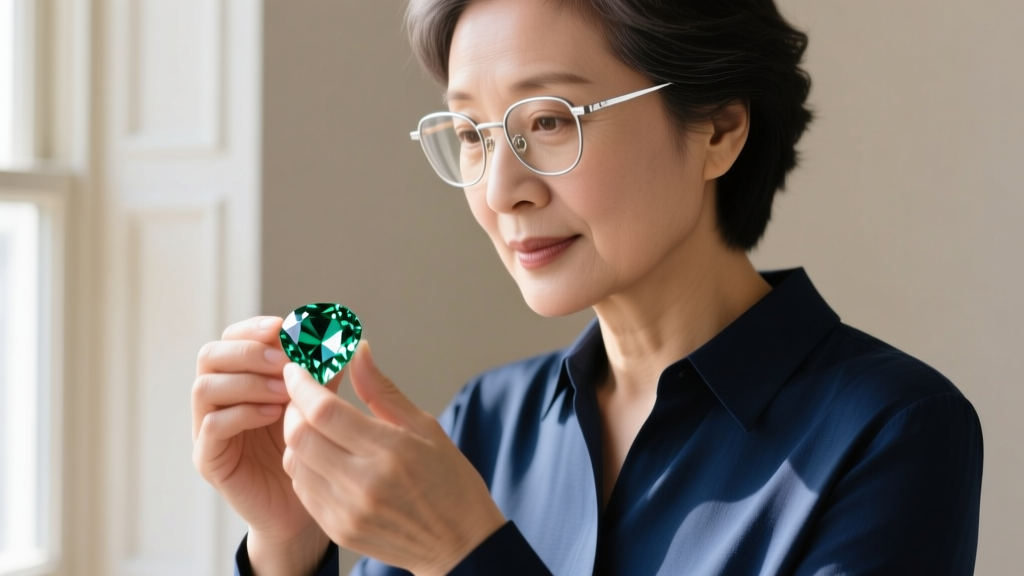 Close-up of a gemologist's hand using an electronic thermal conductivity diamond tester on a vintage-style paste necklace clasp.