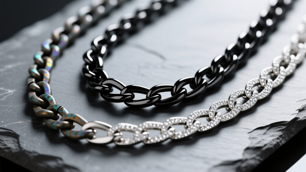 Macro view of three dark necklace chains: oxidized silver, PVD black titanium, and black rhodium plated white gold on a slate surface