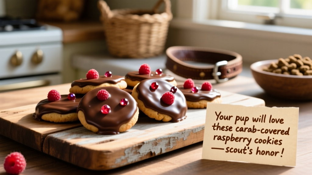 Close-up of glossy, carob-dipped dog cookies topped with tiny raspberry pieces on a rustic wooden board