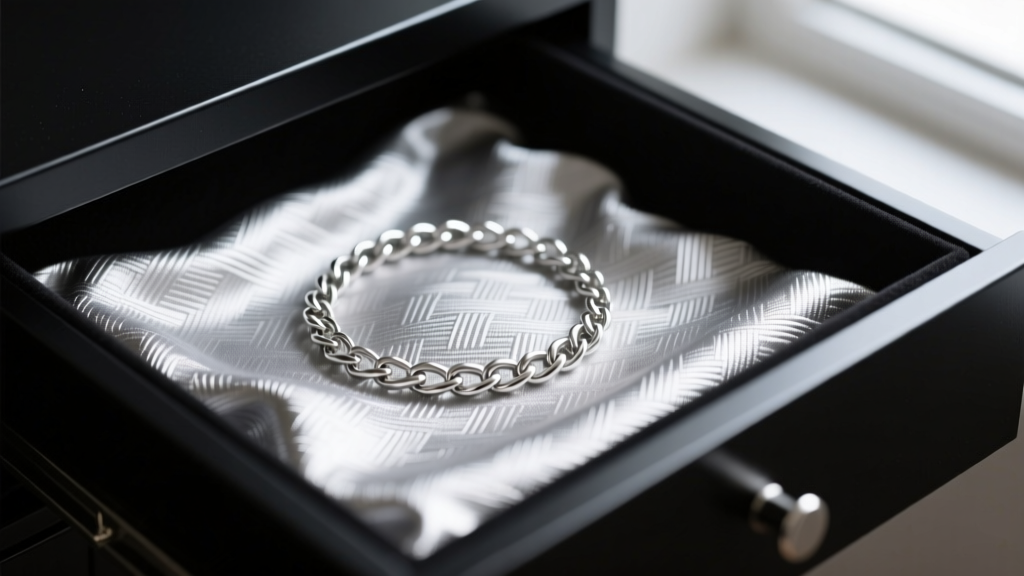Macro shot of anti-tarnish Pacific Silvercloth lining inside a deep jewelry drawer, with a sterling silver chain resting on top.