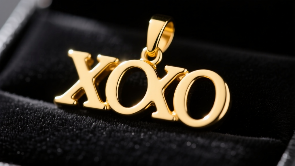 Macro shot of a 14k yellow gold XOXO pendant on black velvet, highlighting intricate cutouts and polished edges of the letters.