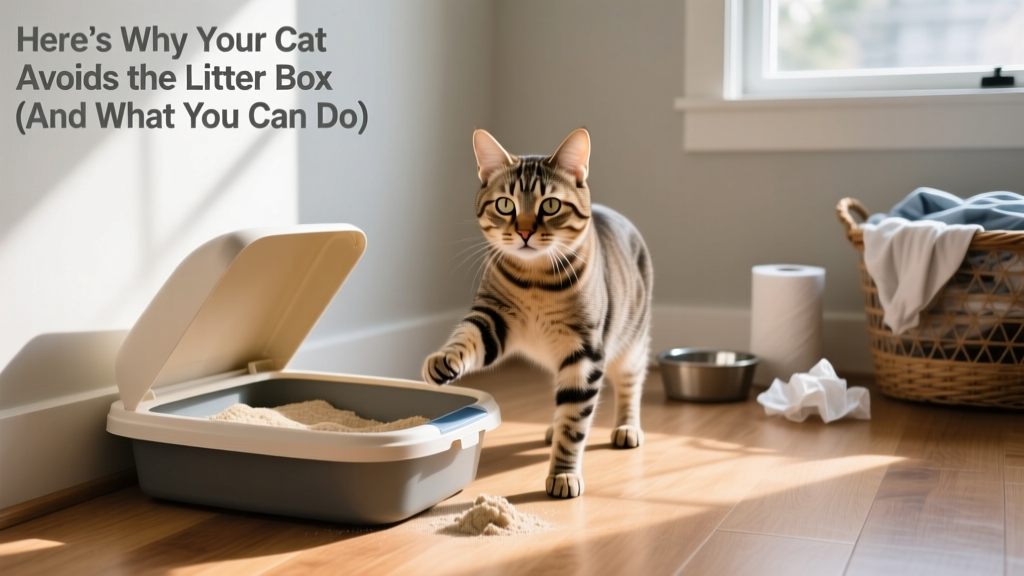 Cat standing near but avoiding a litter box, looking hesitant