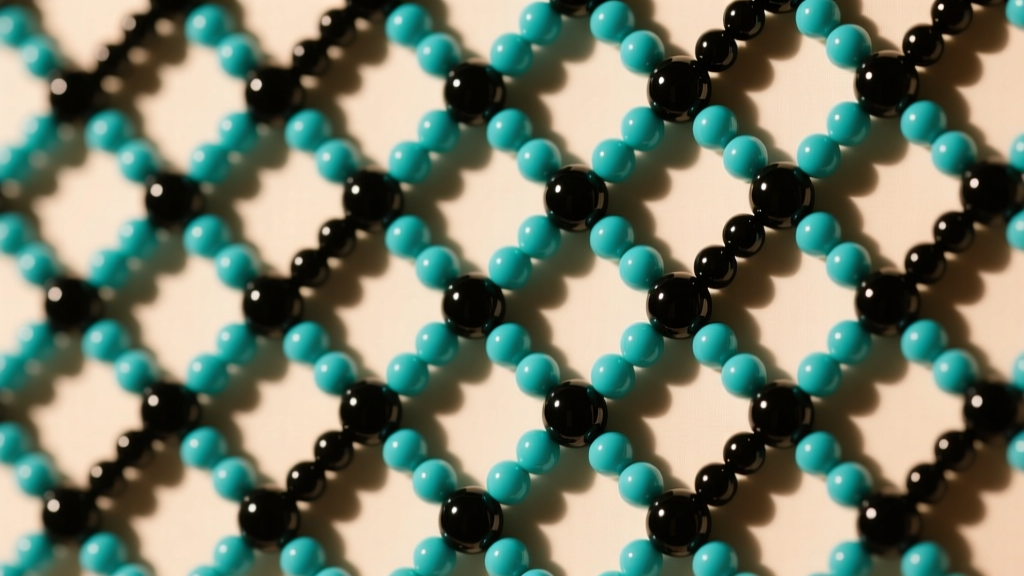 Bead board displaying a symmetrical pattern of matte black glass and bright turquoise plastic beads under warm studio lighting