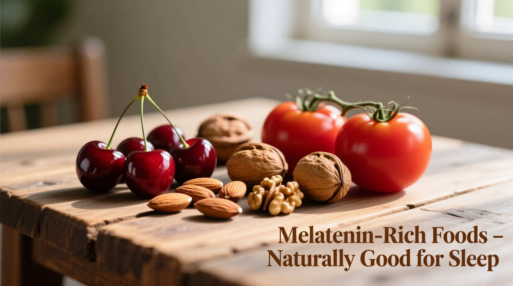 Natural melatonin-rich foods including cherries, nuts, and tomatoes