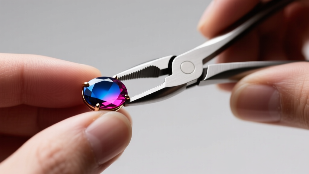 Hands holding jewelry pliers and a replacement 18x25mm oval thermochromic mood stone cabochon ready for a custom jewelry setting.