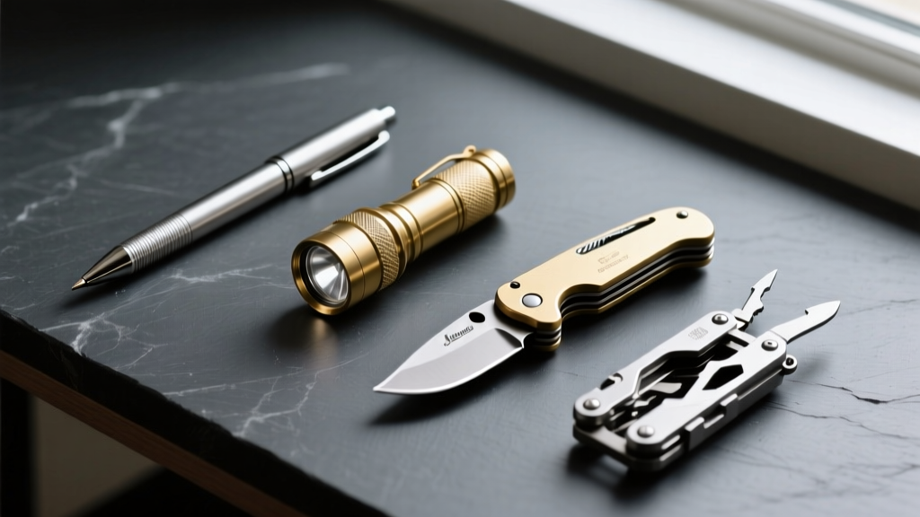 Overhead flatlay of a titanium pen, a brass quad-flashlight, a crossbar-lock knife, and a magnetic multitool on a dark slate desk setup
