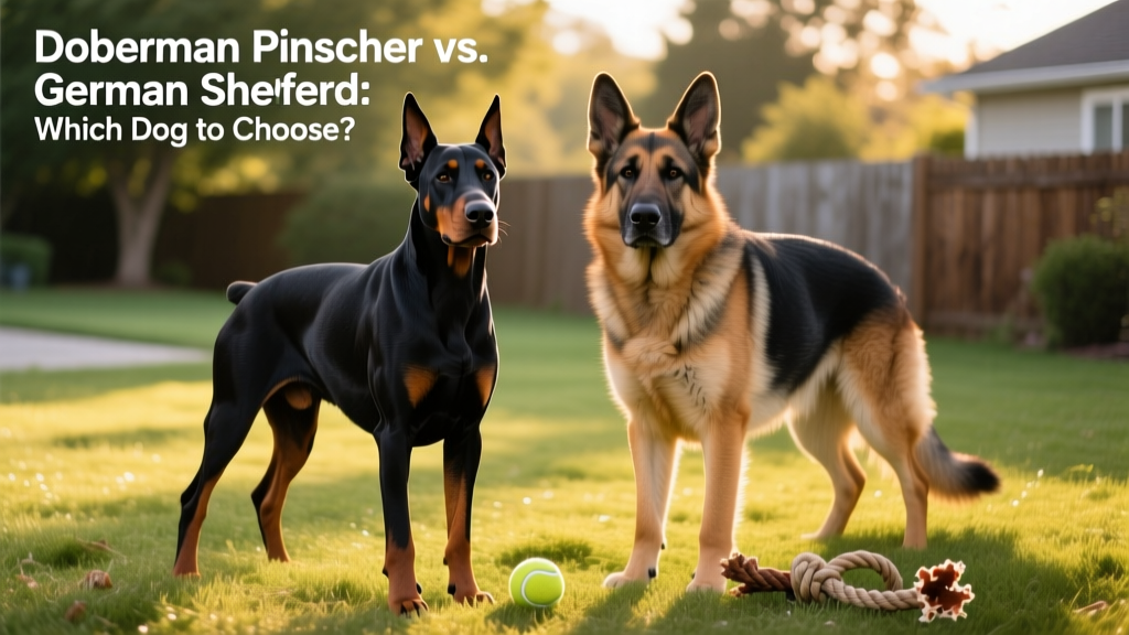 Side-by-side comparison of a sleek Doberman Pinscher and a strong, alert German Shepherd standing on grass
