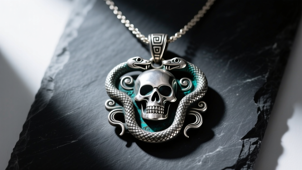 Oxidized sterling silver Coatlicue necklace pendant with serpent and skull motifs resting on a dark slate surface.