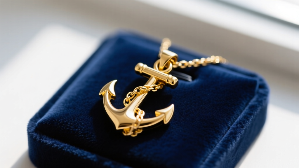 Close-up of a polished 14k yellow gold traditional fluked anchor pendant resting on a dark navy blue velvet jewelry display pad.