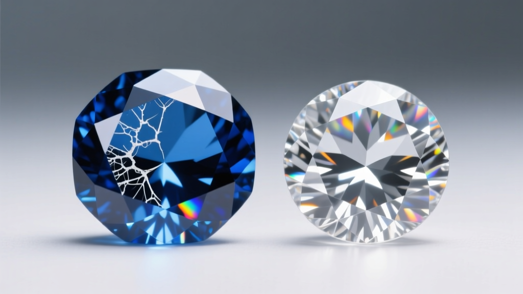 Macro view of a lab-created sapphire and cubic zirconia stone, highlighting internal inclusions and bright light refraction.