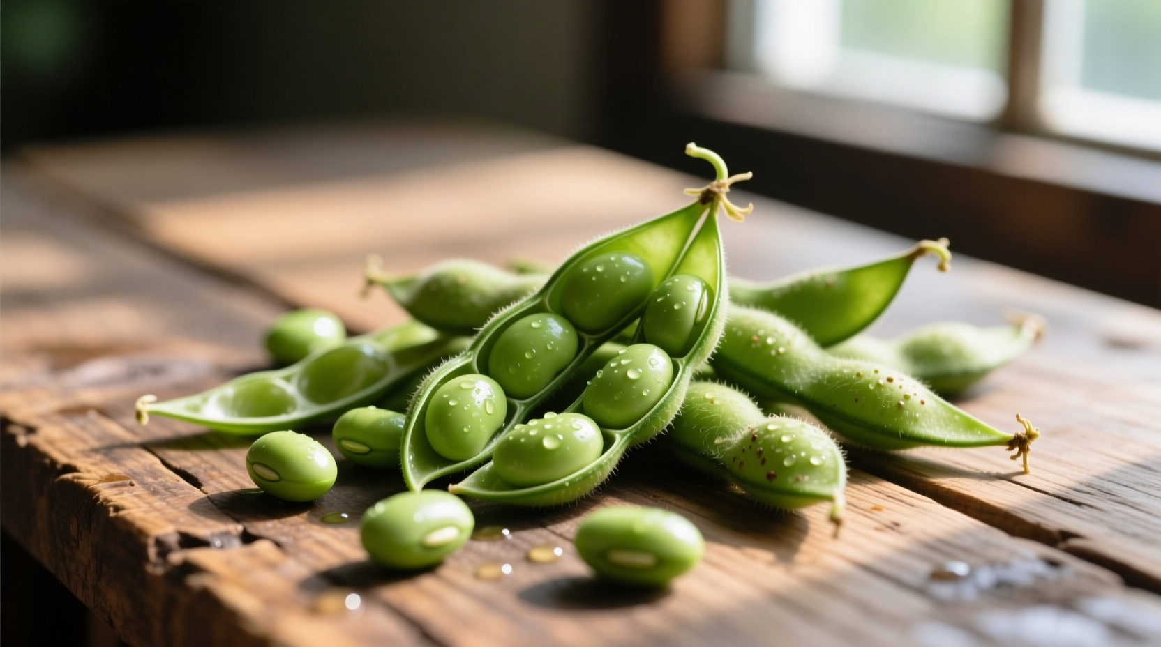 Fresh edamame pods with beans spilling out on wooden table