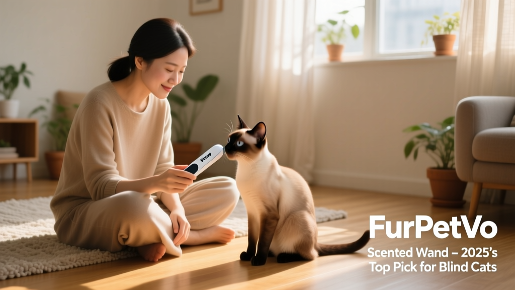 Owner sitting calmly on the floor, gently guiding a FurPetVo Scented Wand near a blind cat’s nose