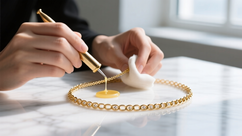 Hands applying protective wax to a delicate gold-toned chain necklace using a soft cotton cloth on a white marble surface.