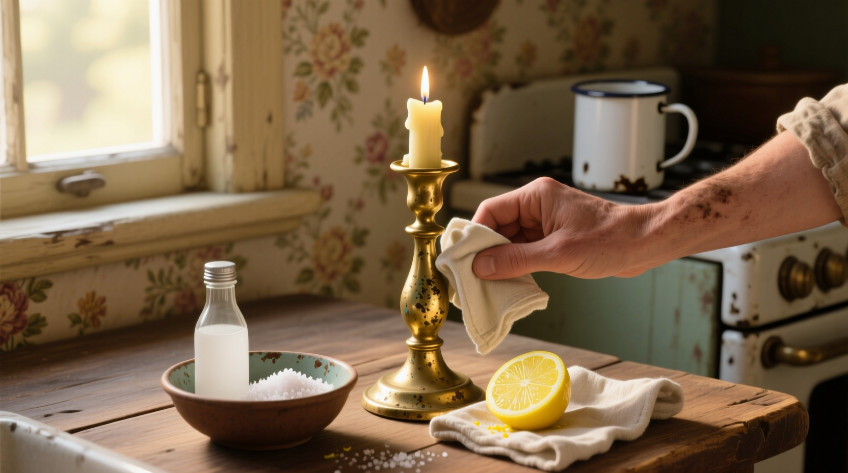 clean brass with ketchup salt safely