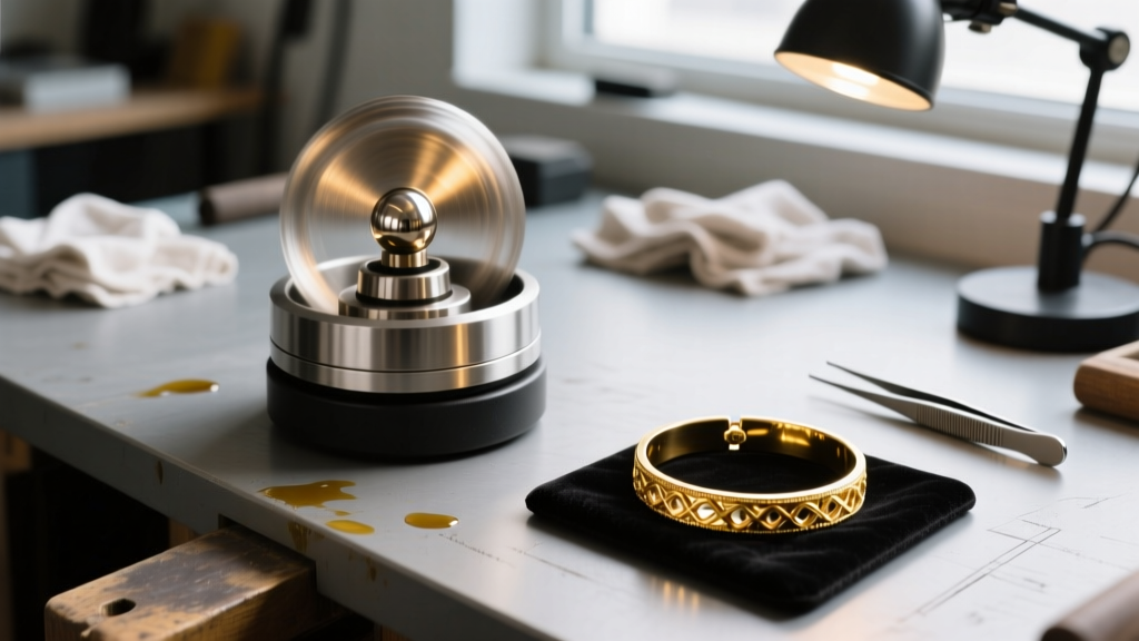 Overhead view of a jeweler bench featuring a rotary tumbler, steel shot, and a freshly welded 14k gold permanent bracelet
