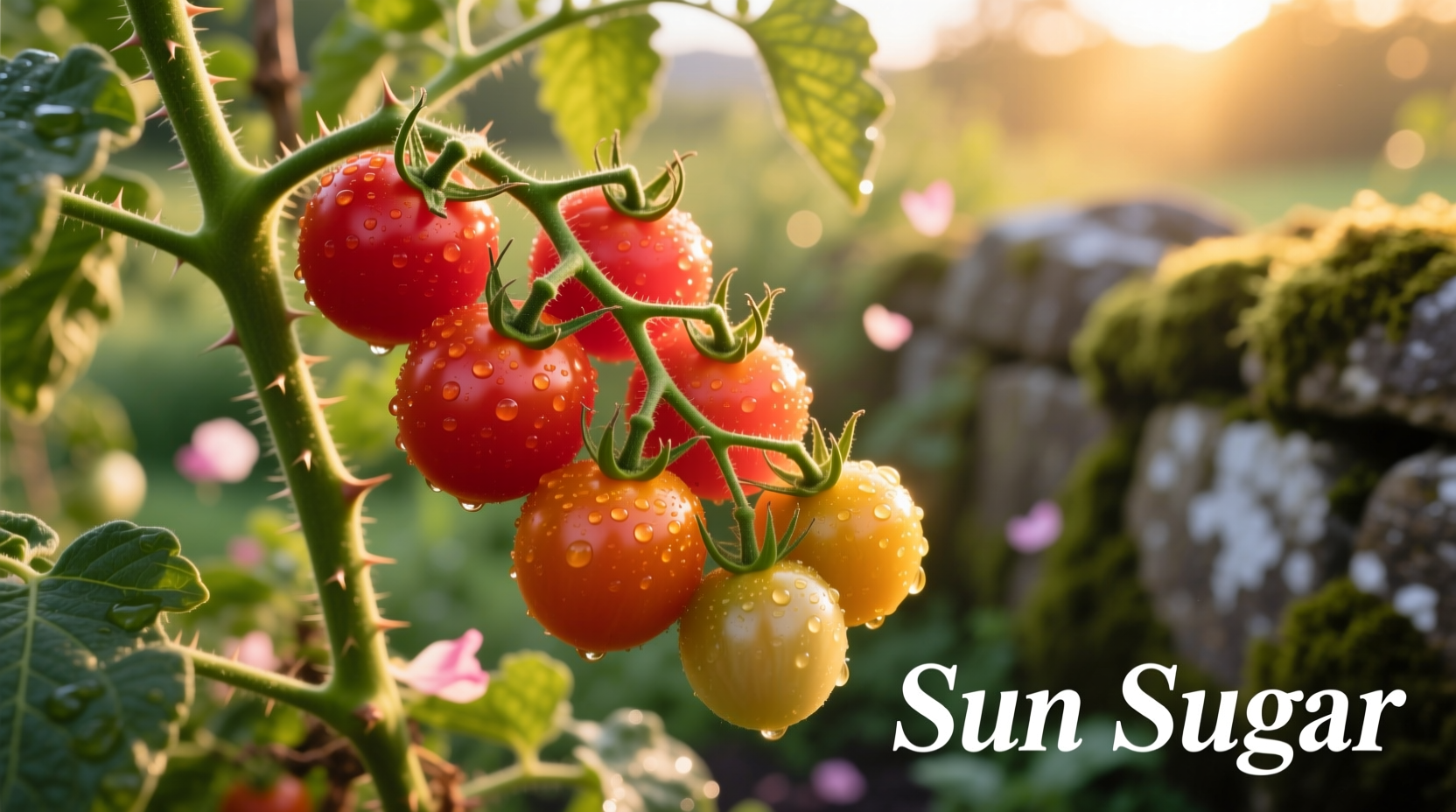 Sun Sugar cherry tomatoes on vine with golden fruit