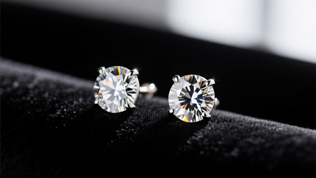 Macro shot of 0.75 carat total weight round brilliant diamond stud earrings in 14k white gold martini settings on black velvet