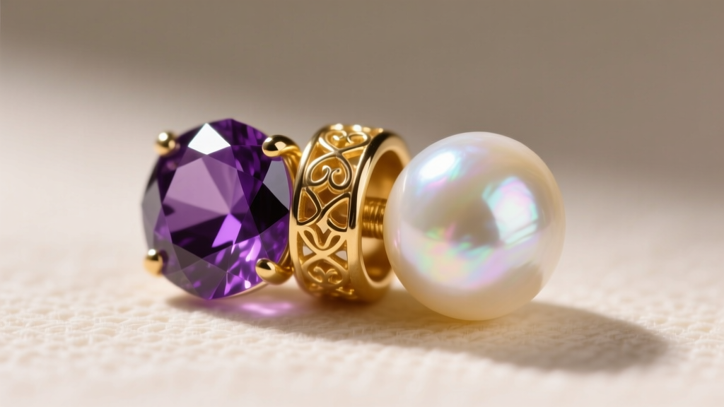 A detailed view of a 14k gold spacer bead separating a faceted amethyst and a lustrous pearl, preventing direct surface contact