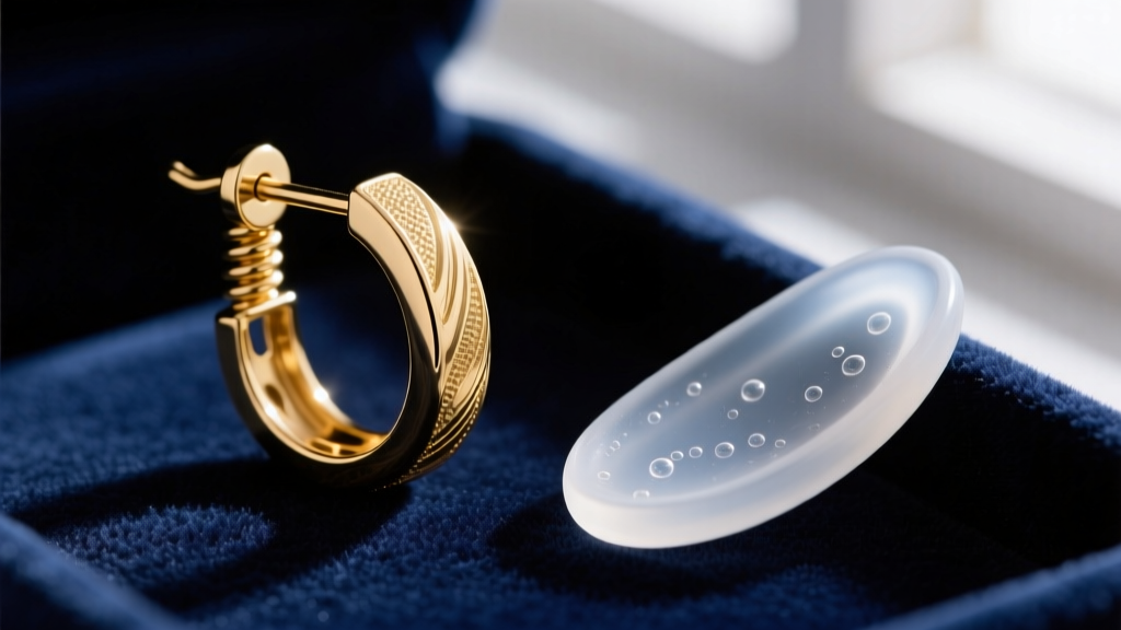 Macro shot of a gold-plated brass clip-on earring spring hinge and clear silicone comfort paddle resting on dark velvet