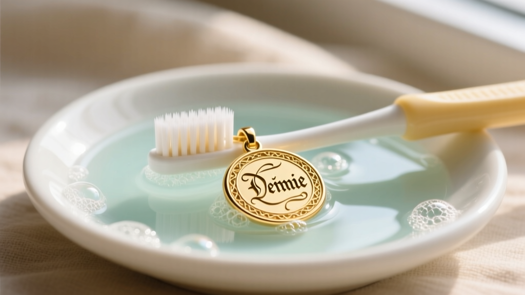 Soft-bristled baby toothbrush gently cleaning intricate laser-engraved script on a gold vermeil scripture pendant in soapy water.