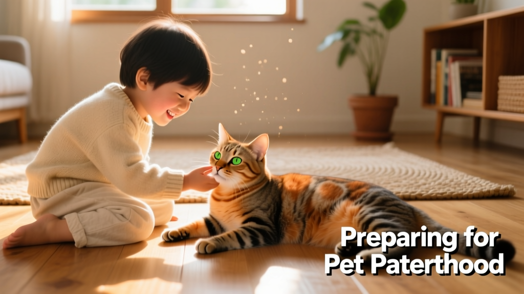 A calm, smiling child gently petting a relaxed tabby cat on the floor