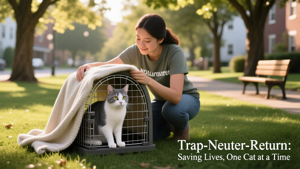 A volunteer gently covering a humane trap with a soft blanket after safely capturing a community cat