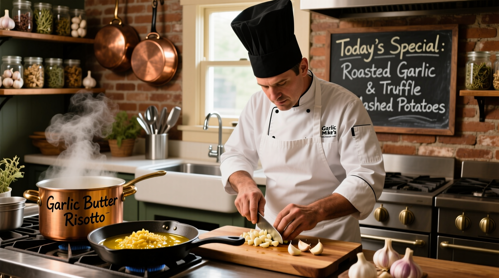 Chef preparing garlic dishes at Garlic Mike's kitchen