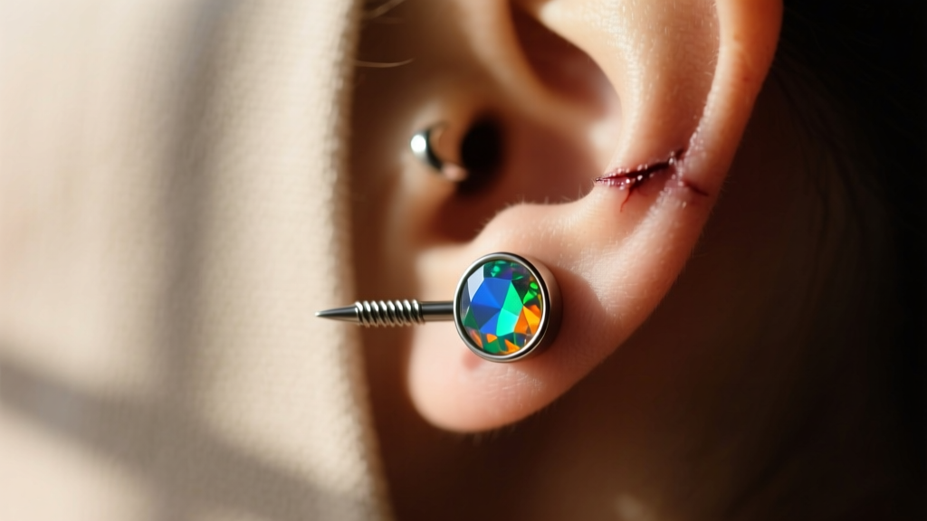 Side profile of a healed 16-gauge titanium cartilage piercing featuring an internally threaded flat back labret with a bezel opal.