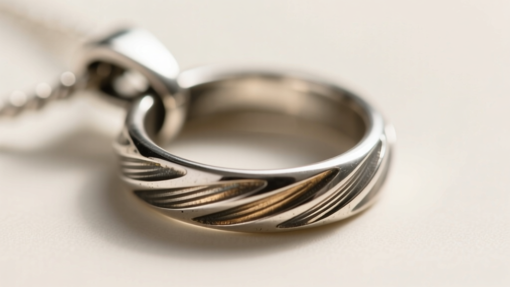 Macro shot of a worn silver jump ring on a pendant bail, showing deep friction grooves and thinning metal caused by daily wear