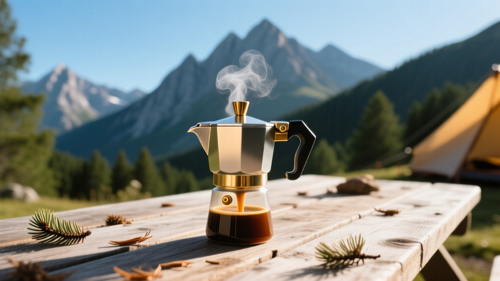 Close up of a portable manual espresso maker being used on a wooden picnic table during a scenic mountain camping trip