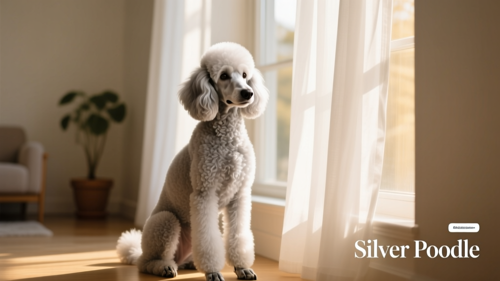 A calm silver Poodle sitting gracefully beside a window with natural light highlighting its gleaming coat