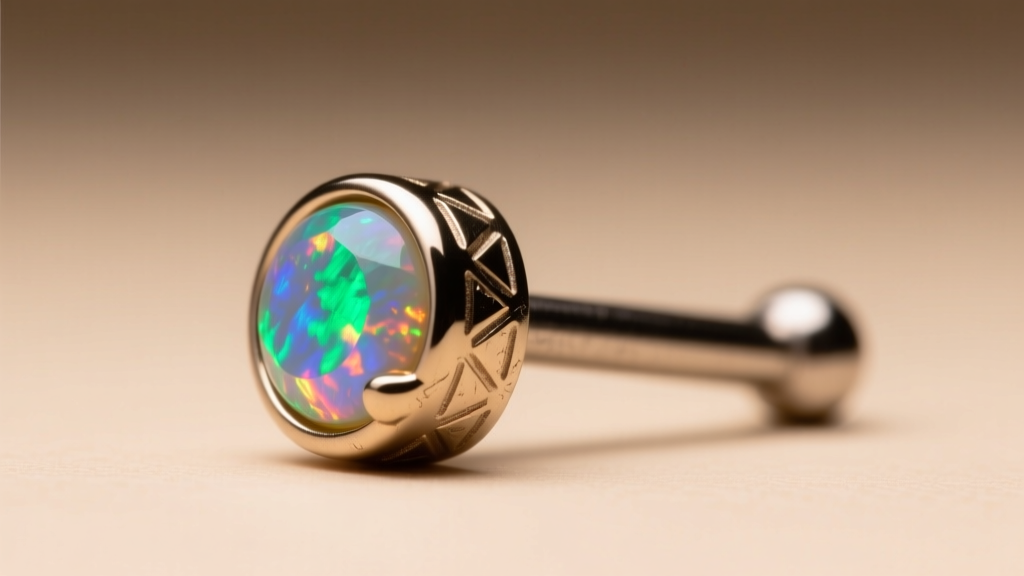 Macro photo of a titanium labret stud with an opal in a helix piercing, soft studio lighting, sharp focus on the pin.
